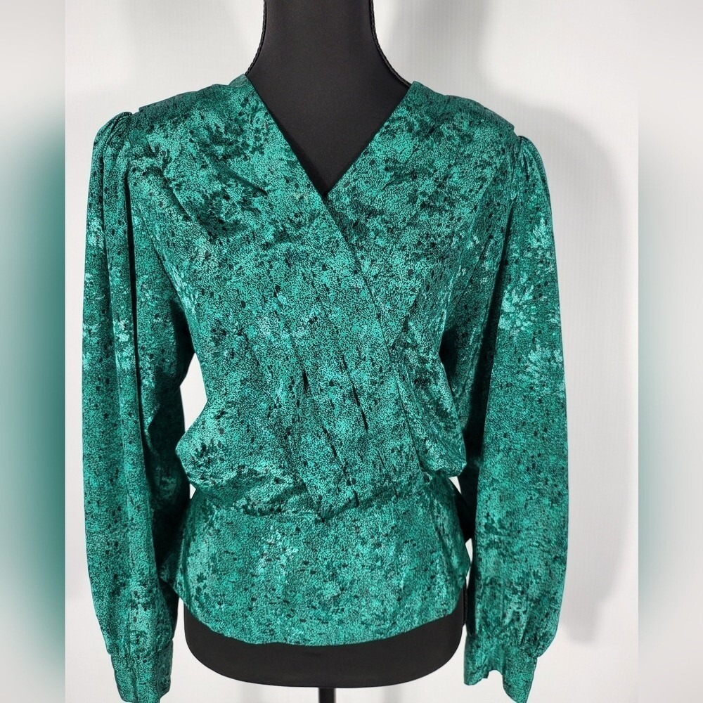 Nicola Vintage Green Black Abstract Print Wrap Front Back Button Blouse Size 6